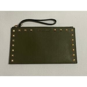 Michael Kors Sandrine Stud Leather Large Zip Clutch/wristlet in Pale Gold